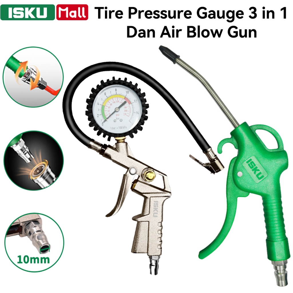 ISKU Tire Pressure Gauge Tire Inflator Air Tekanan Angin 3 in 1 Tire Gauge Alat Pengisi Dan Air Blow