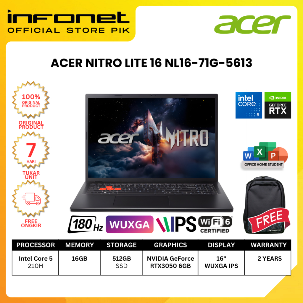 ACER NITRO LITE 16 NL16-71G-5613 CORE 5 210H 16GB 512GB RTX3050 6GB GDDR6 16" WUXGA IPS 180Hz 100% s