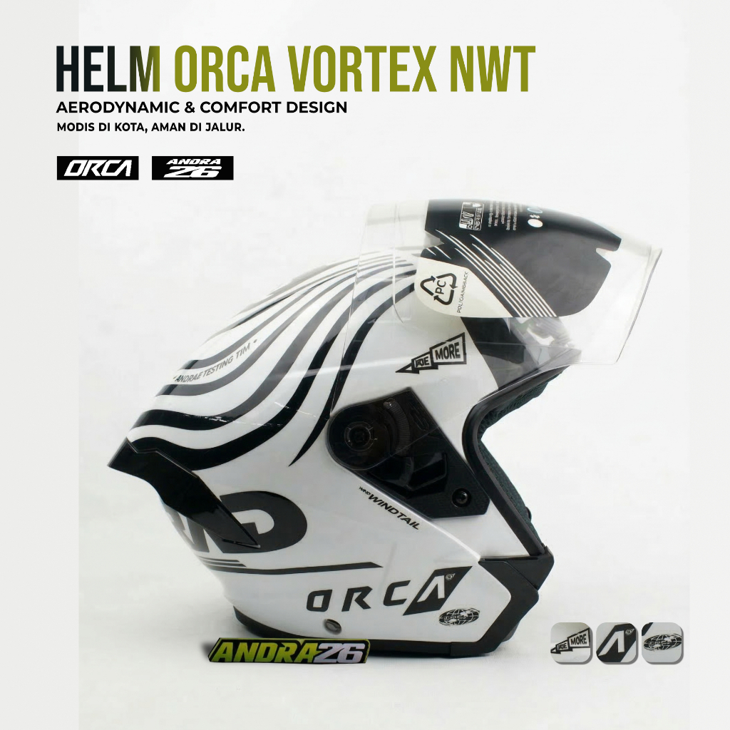 Helm Orca Vortex NWT Half Face - Helm Motor Harian SNI DOT Original White Black