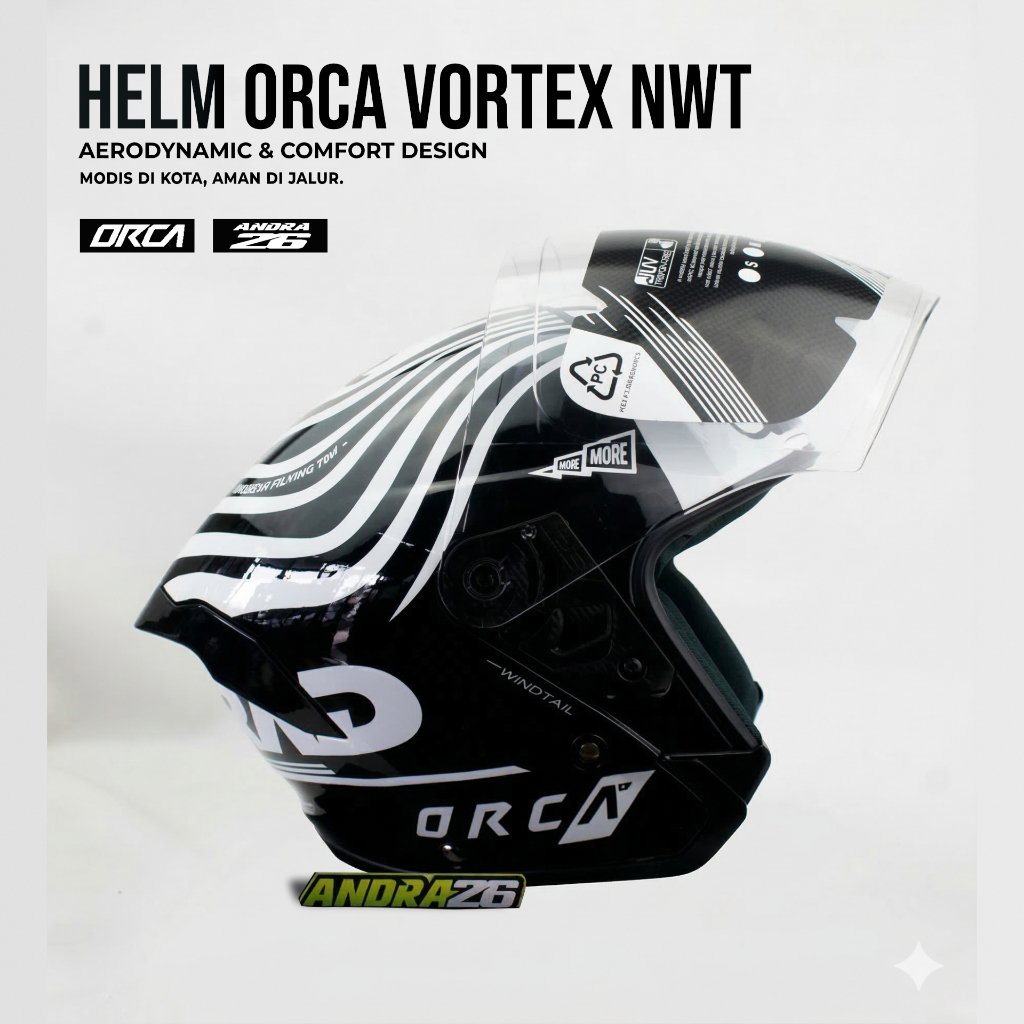 HELM HALFFACE ORCA VORTEX NWT Hitam Putih Impact-Resistant Aerodinamis M L XL