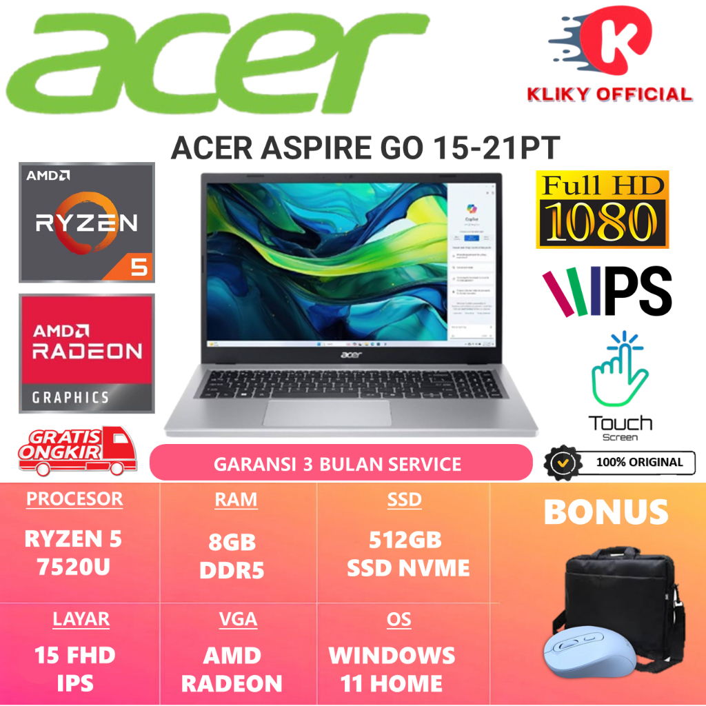 ACER ASPIRE GO 15-21PT AMD RYZEN 5 7520U RAM 8GB  512GB SSD 15.6 FHD IPS Touchscreen