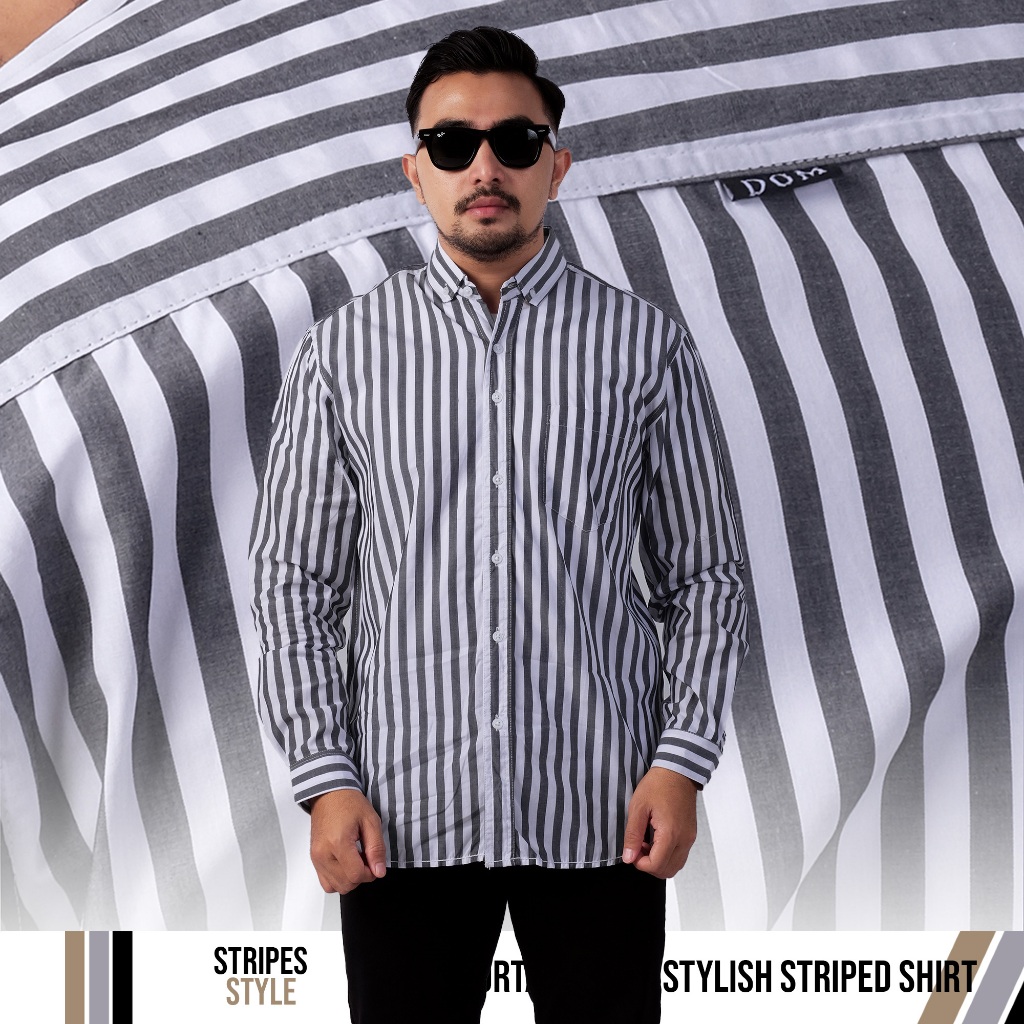 DGM Kemeja Pria Salur Lengan Panjang Premium Kemeja Stripe Pria Kemeja Garis Pria Slimfit Biru Muda 
