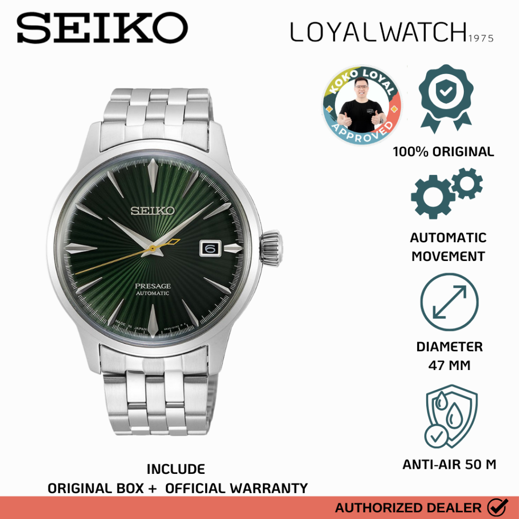 Jam Tangan Seiko Presage Cocktail Time Automatic “Mockingbird” Pria SRPE15J1 Green Stainless Steel O
