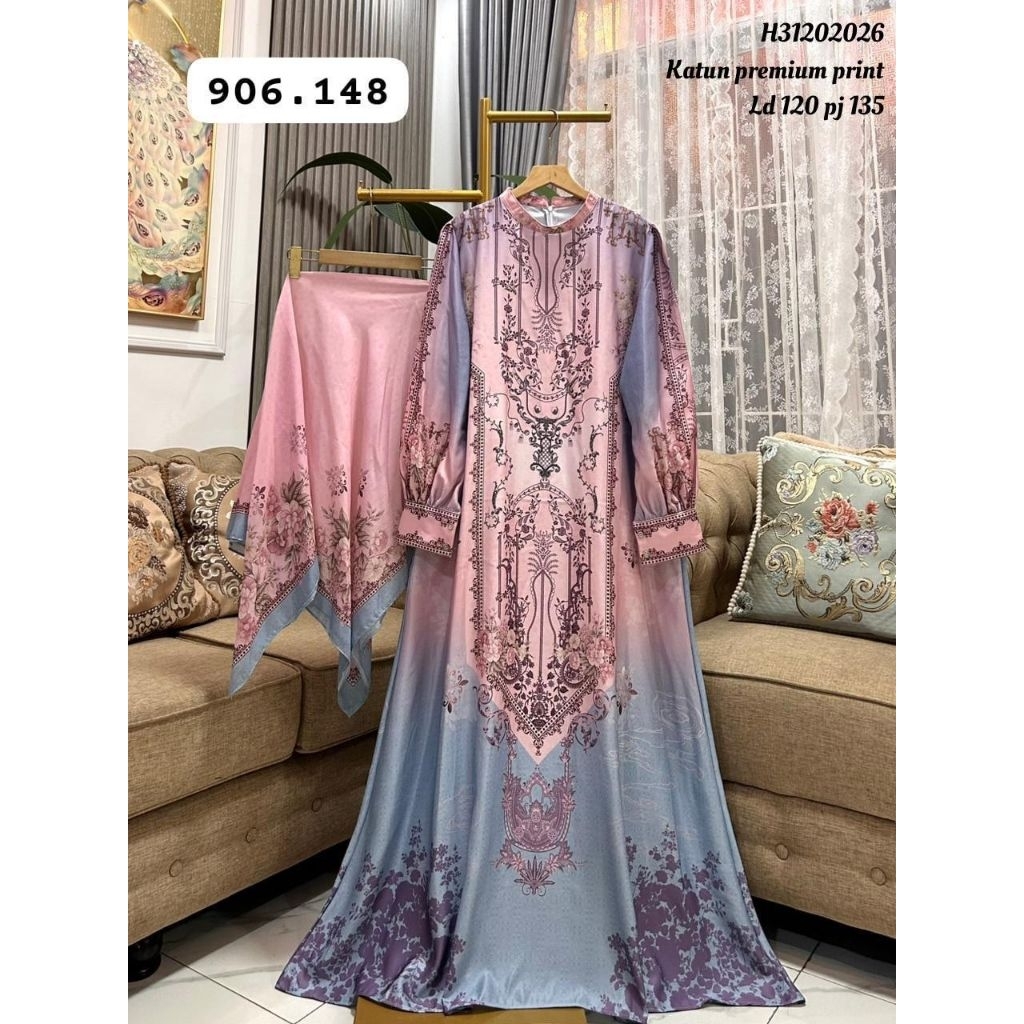 set gamis & Khimar katun premium printing motif cantik /set gamis jumbo