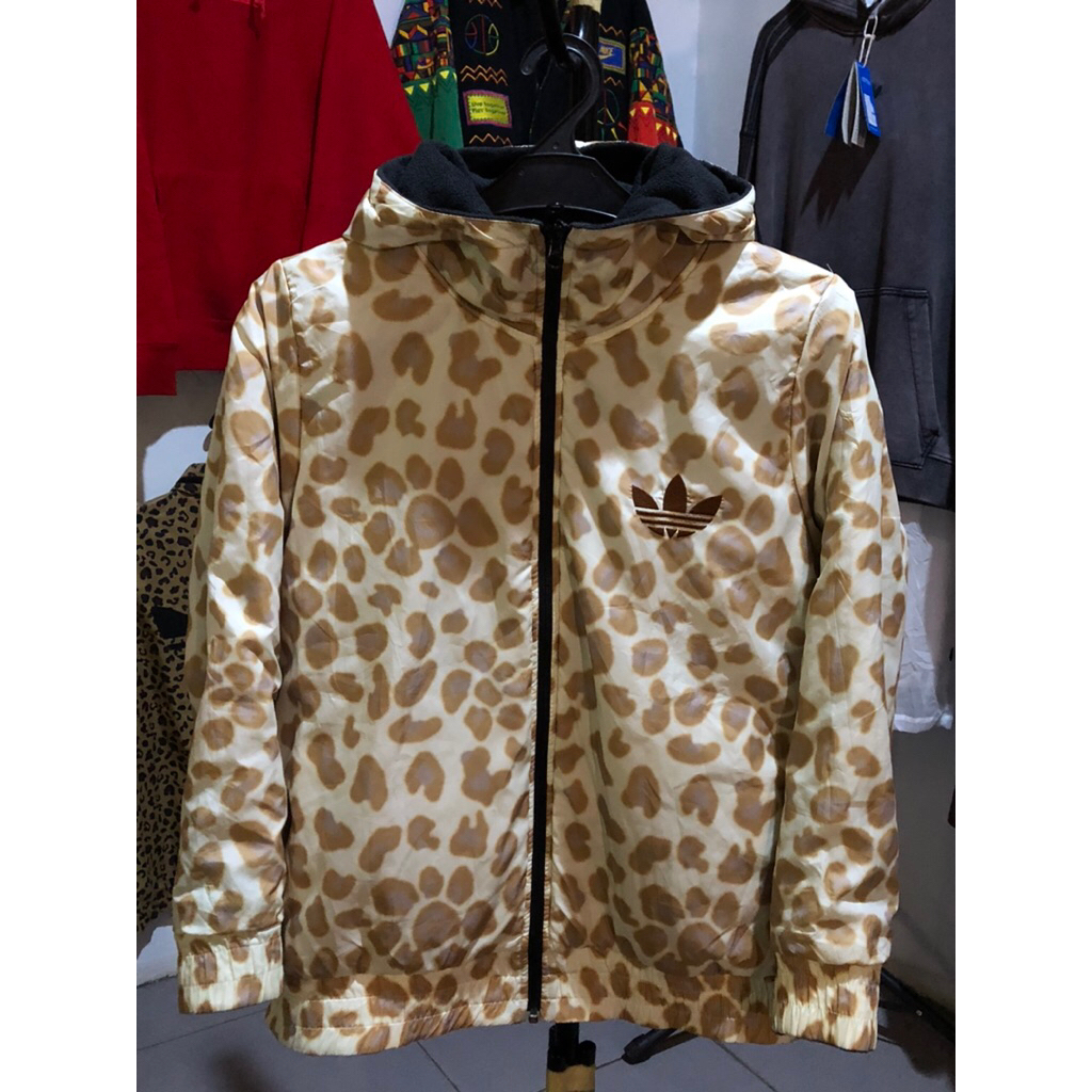Hoodie Zipper Adidas Trefoil Reversible Sherpa Leopard Print