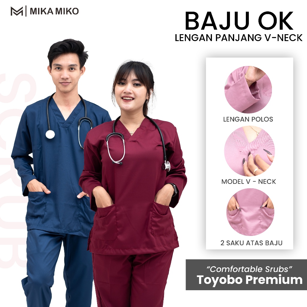 MIKAMIKO Baju OK PERAWAT [GRATIS BORDIR NAMA] OKA Lengan Panjang SCRUB DOKTER BIDAN Stenen Medis