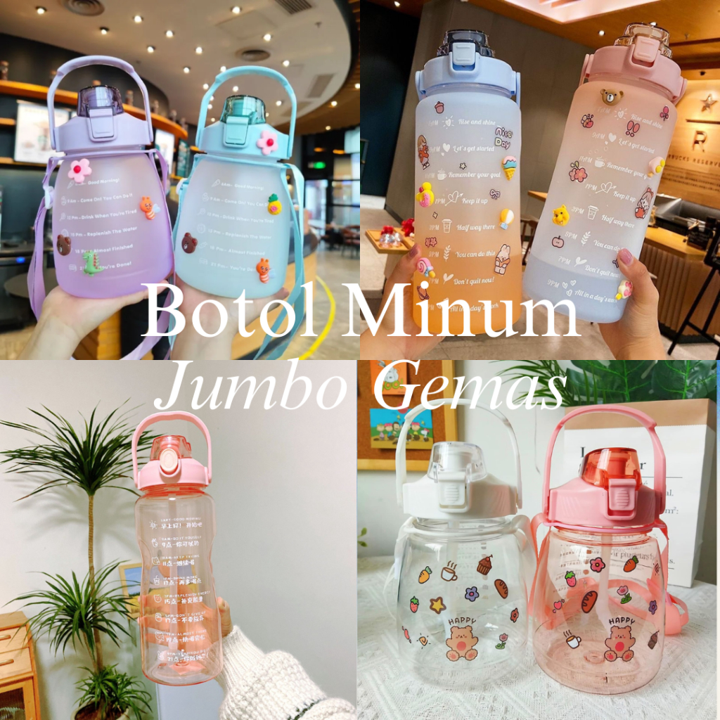 Botol Minum Jumbo Anak 2 Liter / 1.3L / 1.6L Gym Sport Penanda Waktu Anti Bocor Botol Gemoy Kiyowo L