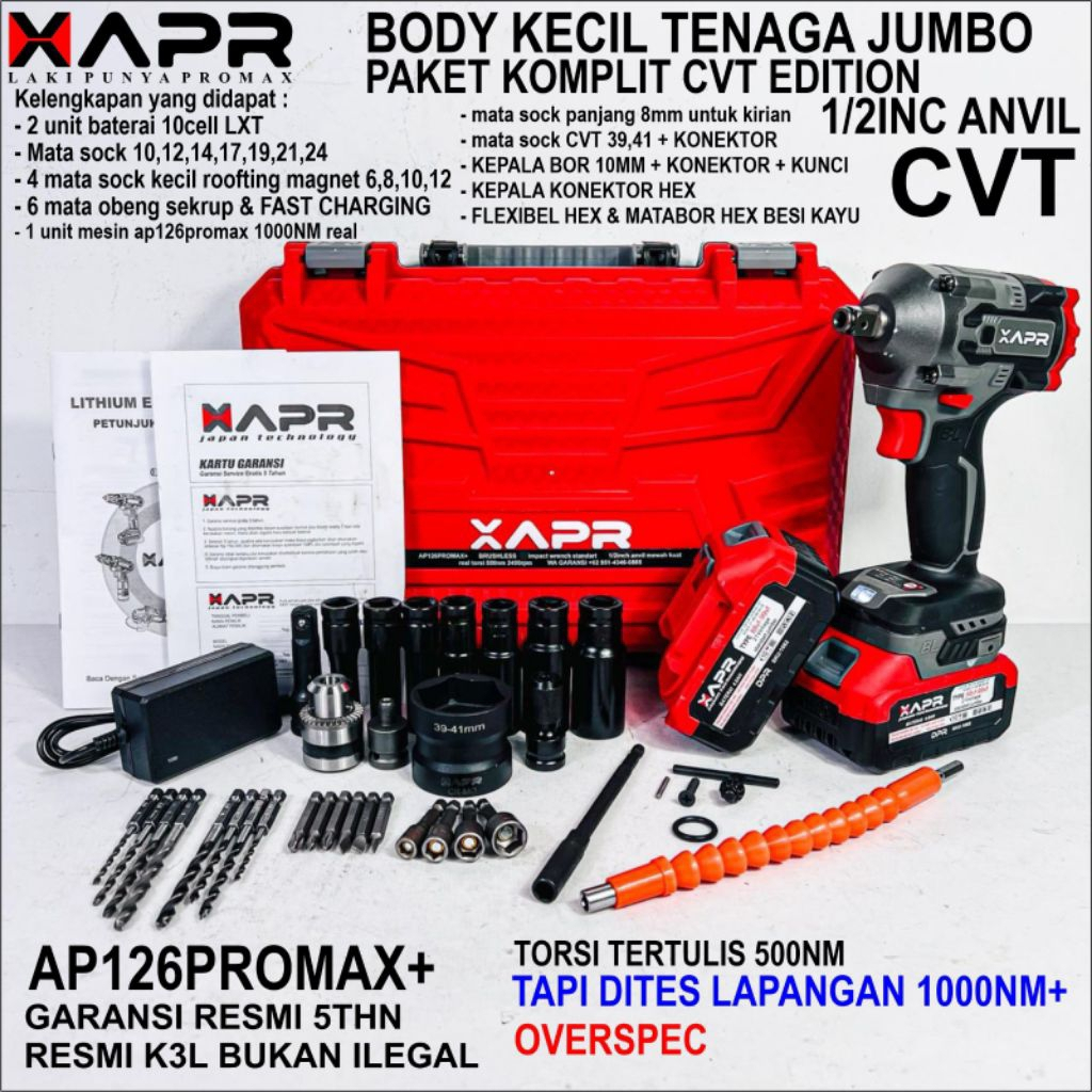 IMPACT APR AP126 PROMAX+ 1000NM BODY KECIL TENAGA JUMBO FULLSET 2 BATERAI bor impek buka baut