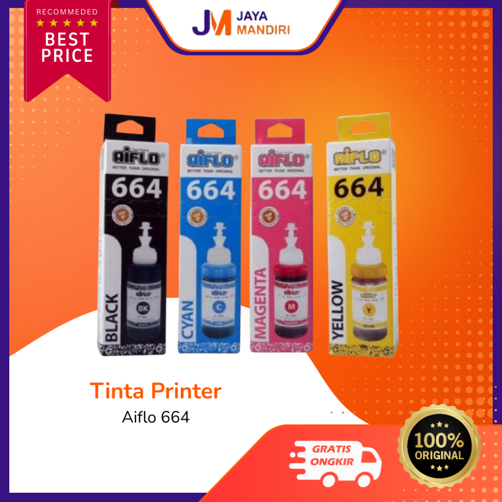 Tinta Printer Aiflo 664 – Tinta Refill Epson L-Series Warna Tajam (Black, Cyan, Magenta, Yellow)