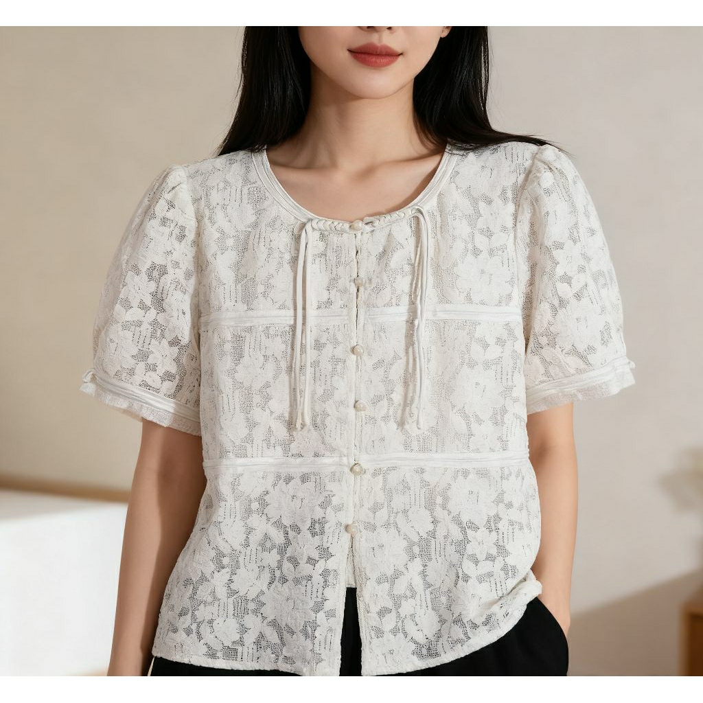 (NEW) CHEONGSAM CROP LACE TOP BROKEN WHITE ATASAN BLOUSE BRUKAT CHINESE ANCIENT STYLE ORI CHINA