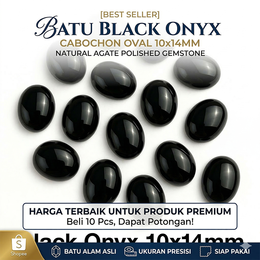 Batu Black Onyx Oval Cabochon 10x14 mm – Batu Permata Hitam untuk Perhiasan Cincin & Liontin