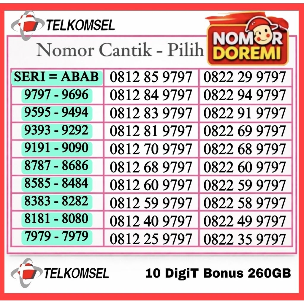 Nomor Cantik TELKOMSEL 10 digit ABAB - Bonus 260gb 1 Tahun ORIGINAL ( bisa request khusus ABAB AABB 