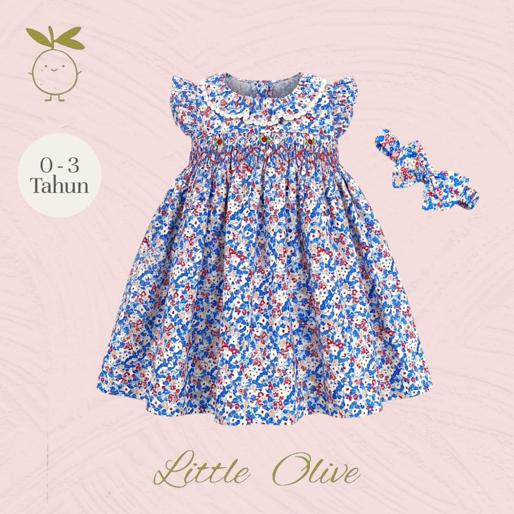 Little Olive- Sydney Dress | 0-3 Tahun | Dress Anak Newborn | Baju Bayi | Motif Bunga Smocked Dress