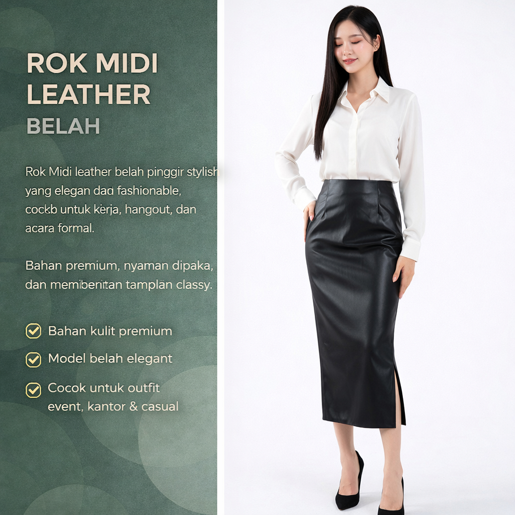 Rok Kulit Pensil Hitam Panjang Wanita dengan Celah Samping Resleting