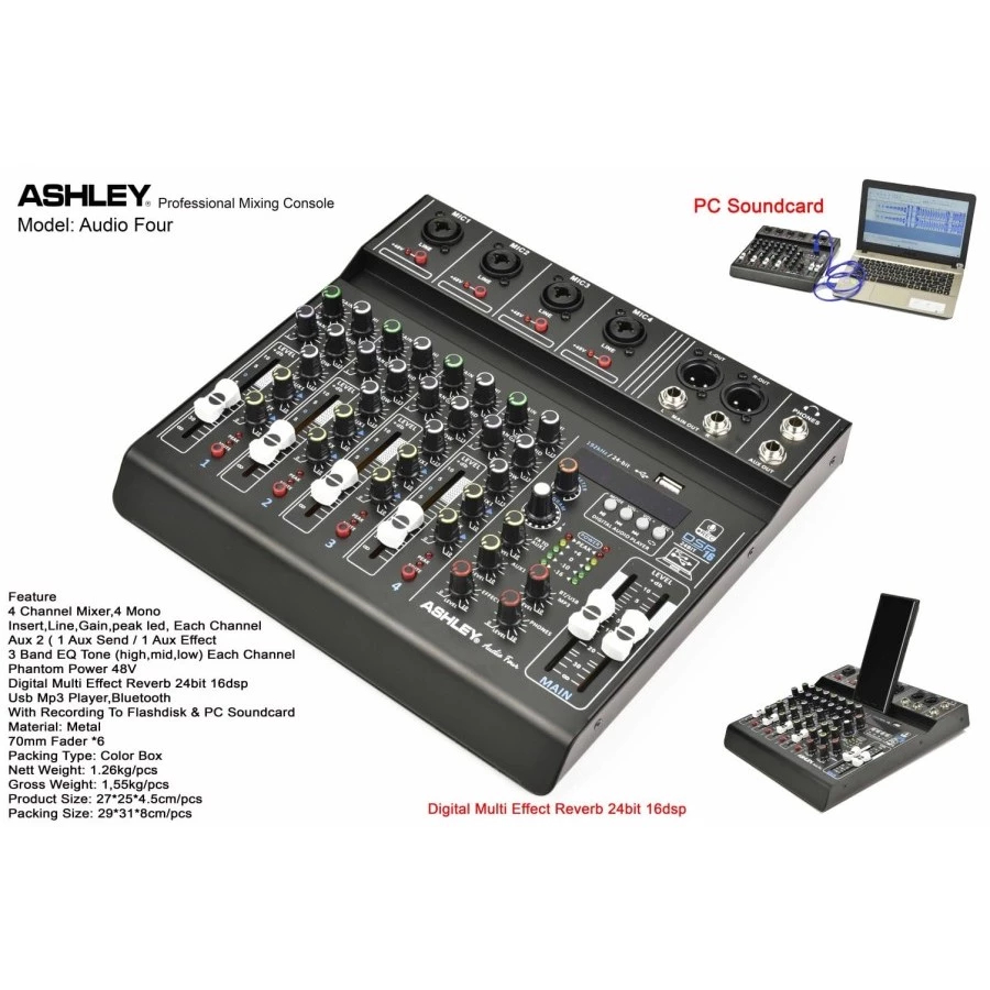 Mixer 4 Channel Ashley Audio Four USB MP3 Recording Bluetooth Phantom