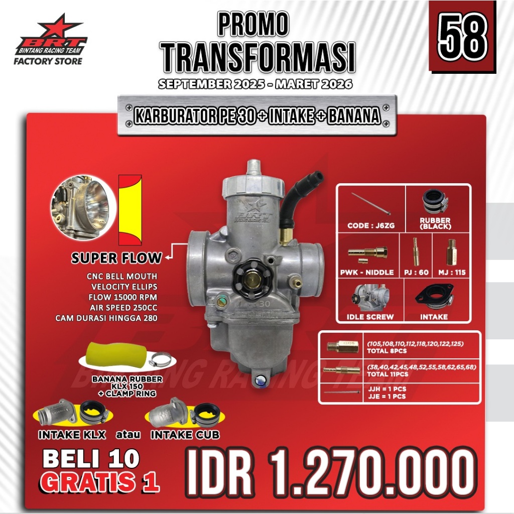 PAKET SUPER FLOW KARBURATOR PE 30 BRT / KARBURATOR PE 30 + INTAKE / KARBURATOR PE 30 + INTAKE + BANA