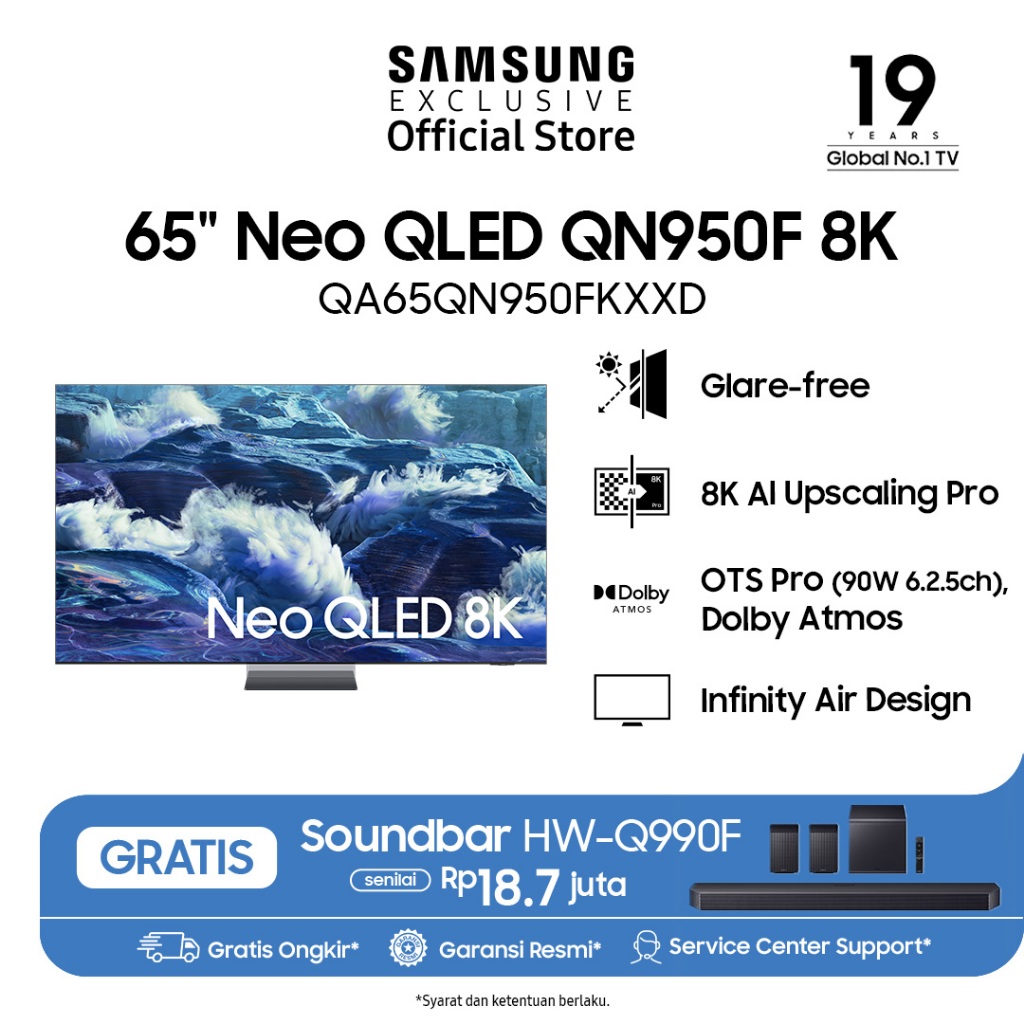 Samsung Smart TV 65" Neo QLED 8K QN950 | Infinity Air Design | 8K AI Upscaling | QA65QN950FKXXD