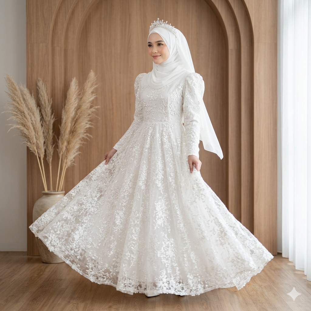 Gamis Putih Tile Bordir Payet Baju Busana Muslim Akad 70241 151