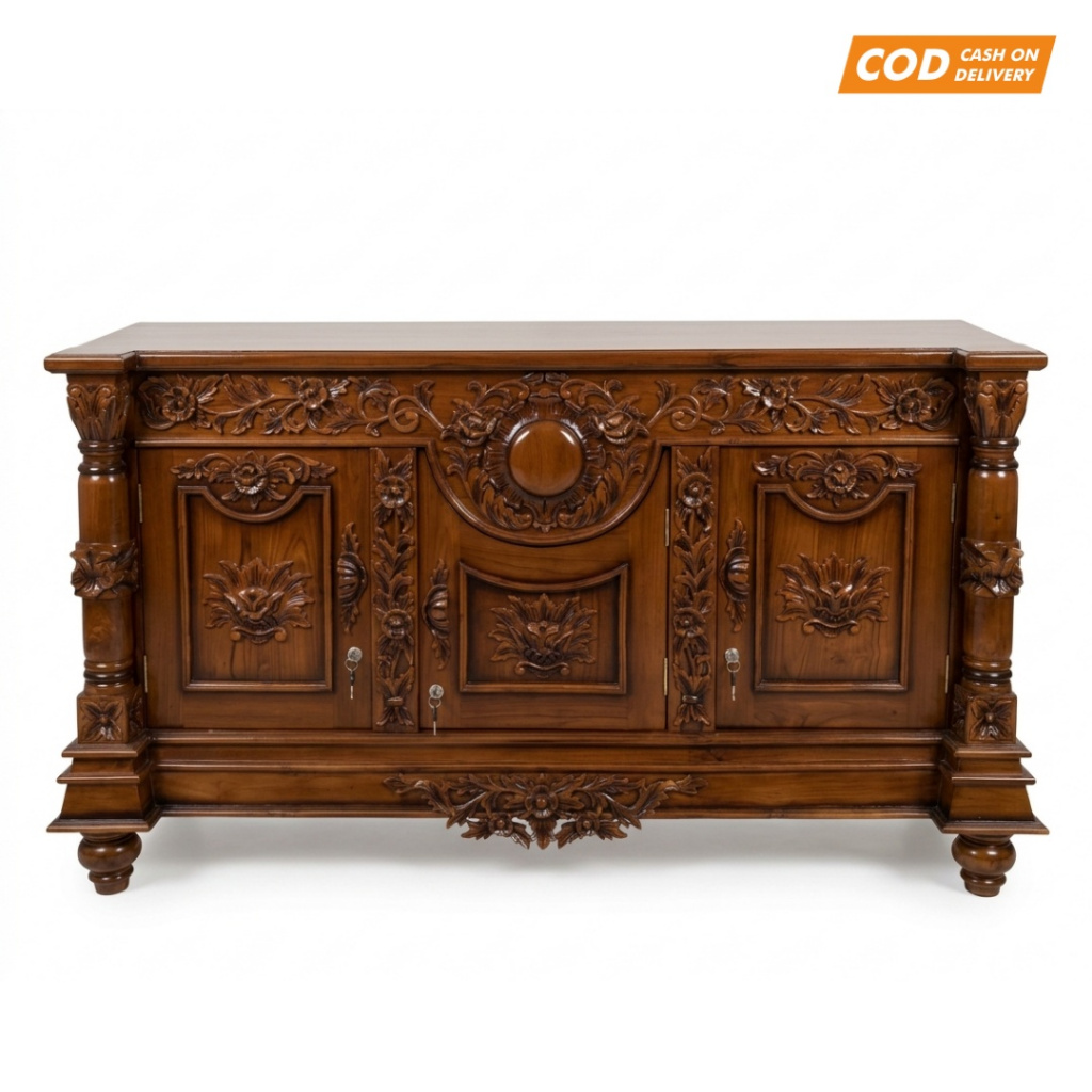 Bufet TV Kayu Jati Ukir Jepara Mewah - Meja TV Jati Asli Klasik Minimalis Rak Lemari TV Pendek