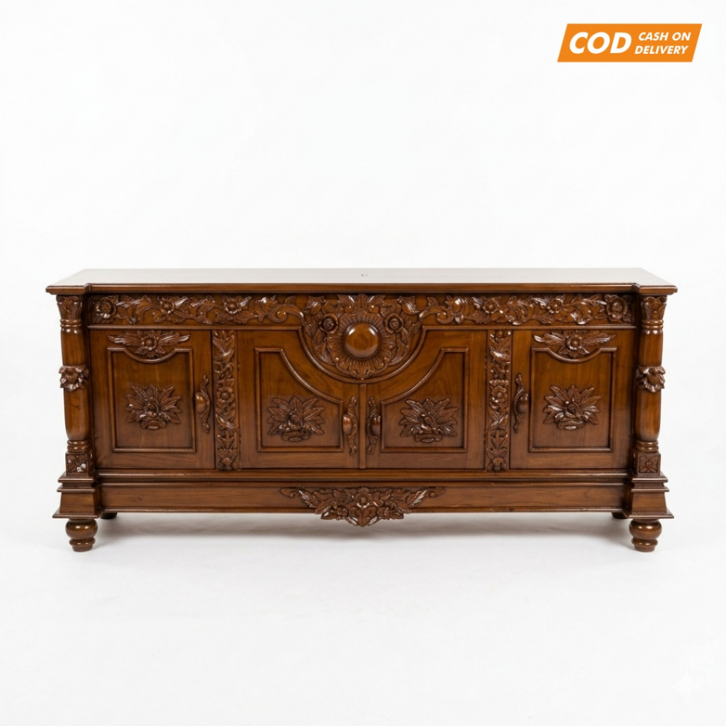 Bufet TV Kayu Jati Ukir Jepara Mewah - Meja Rak TV Jati Asli Minimalis Klasik