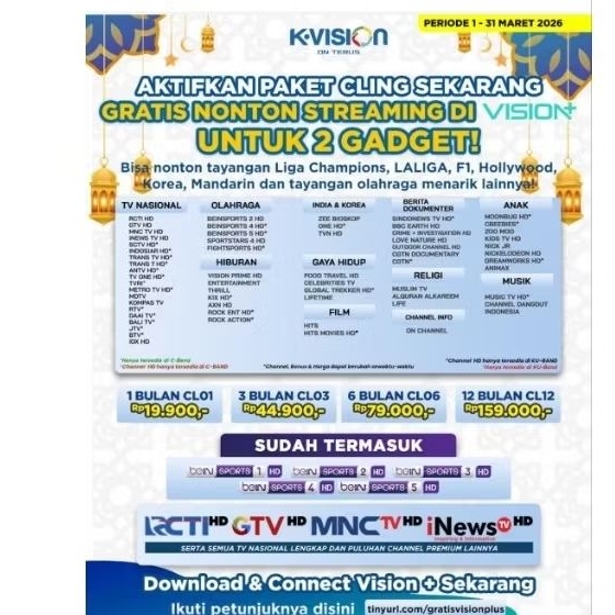 Paket Cling 1 tahun K-Vision C2000, optus, gardiner, Lgsat, Cartenz, KV 3000