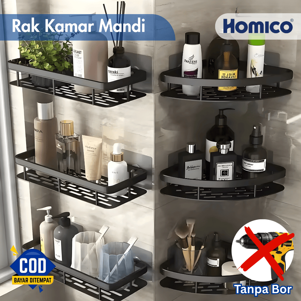 HOMICO Kamar Mandi Hitam Minimalis 3 Lapis Dinding Sudut Untuk Perlengkapan Mandi