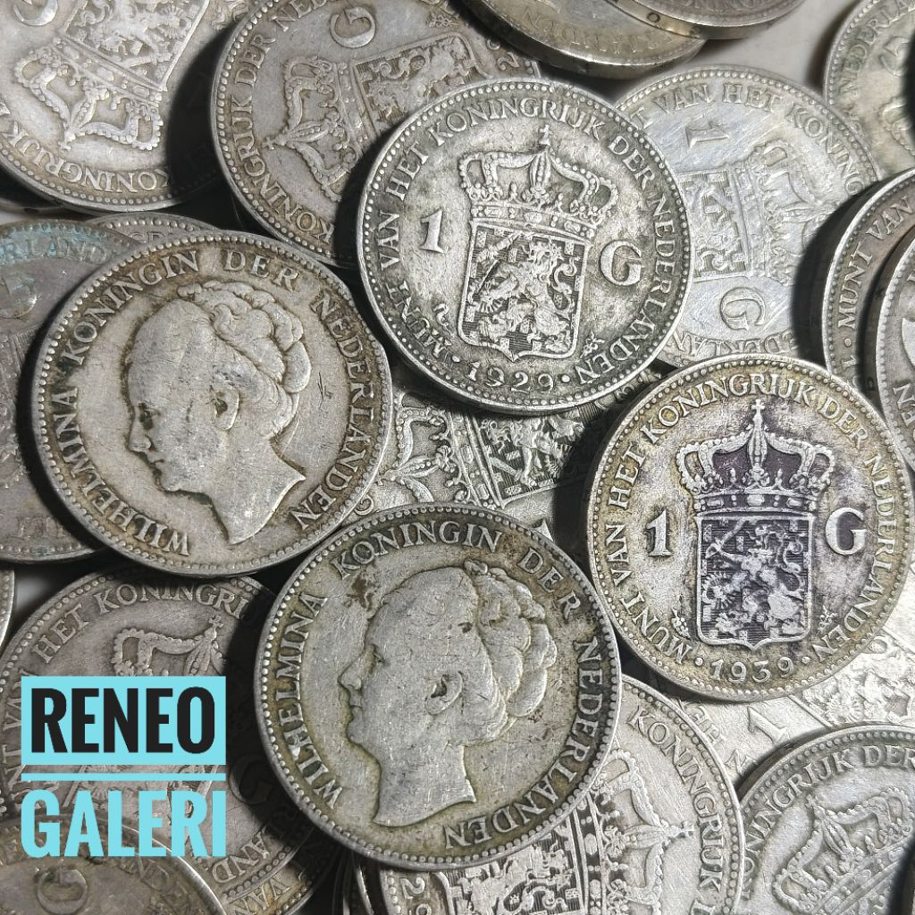 Asli Perak 1 Gulden Wilhelmina Nederlandsch indie uang koin kuno logam silver jaman Hindia Belanda t