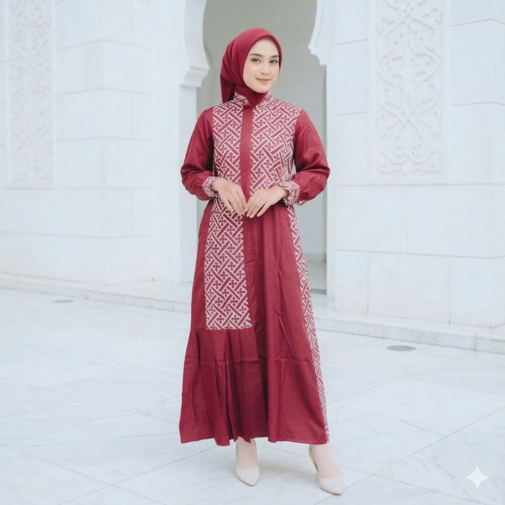 Ahzem Official - (SALE) Gamis Syar'i Mauve Lebaran Aurel Gamis Batik Kombinasi Premium Dress Kondang