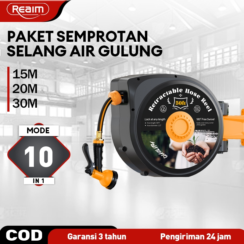 Reaim Paket Semprotan Selang Air Gulung Otomatis 25 Meter Tempel Dinding Jet Spray Taman Kebun Alat 