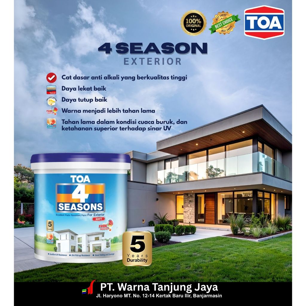 TOA 4 Seasons Cat Tembok Exterior Base Putih 2,5 Kg | Anti Jamur & Cuaca