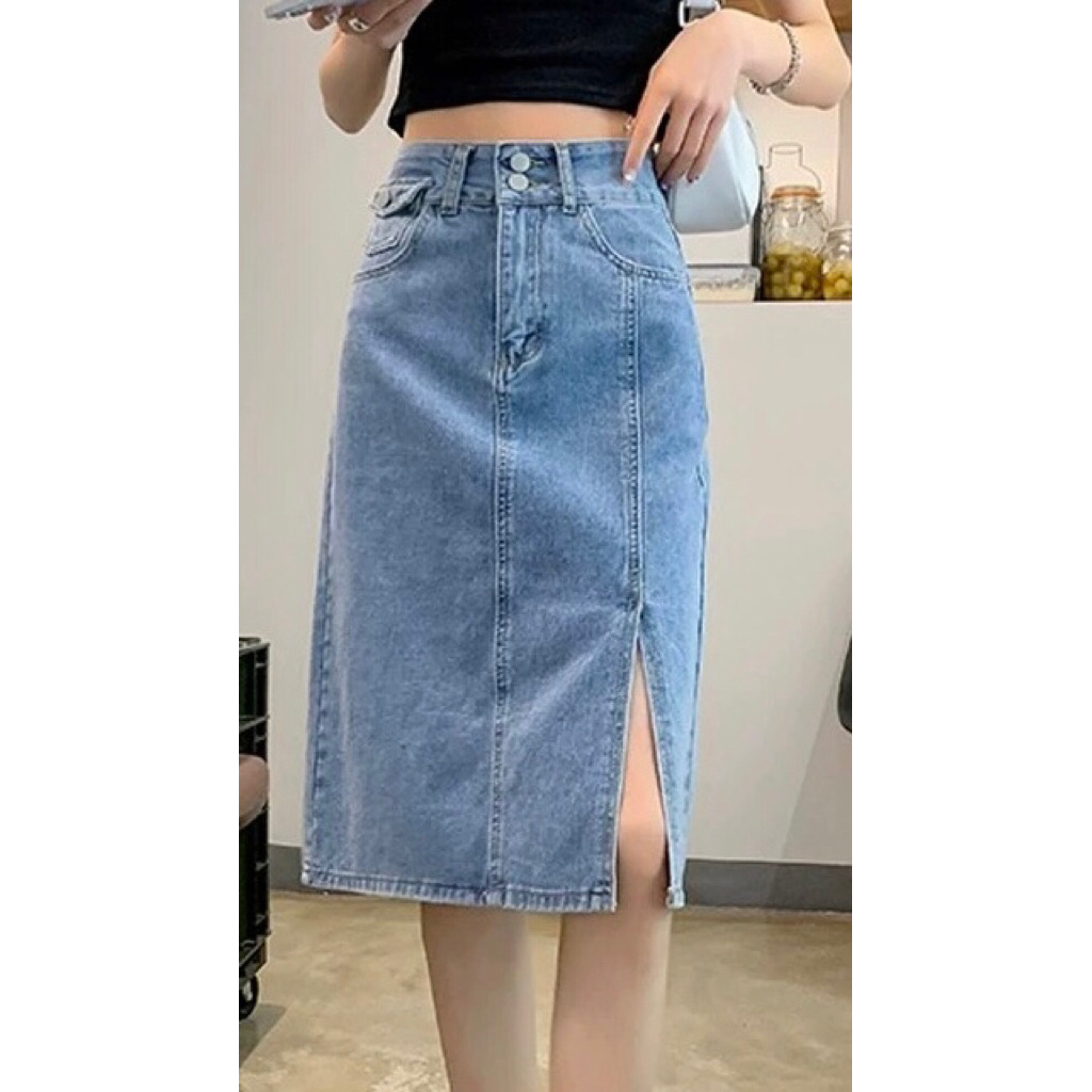 Rok Jeans Midi Denim Wanita Dengan Belahan Samping Style Korea