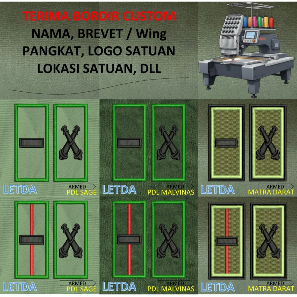 PATCH BORDIR brevet TNI TANDA PANGKAT PERWIRA PDH PDL TNI AD MALVINAS SAGE MATRA DARAT KOSTRAD EMBRO