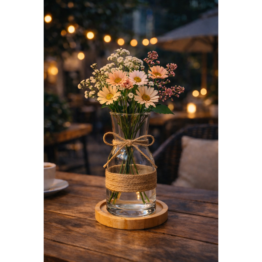 Vas Kaca Bening Plus Alas Kayu Estetik / Vas Bunga Meja Tamu Modern / Pot Dekorasi Bunga Artificial