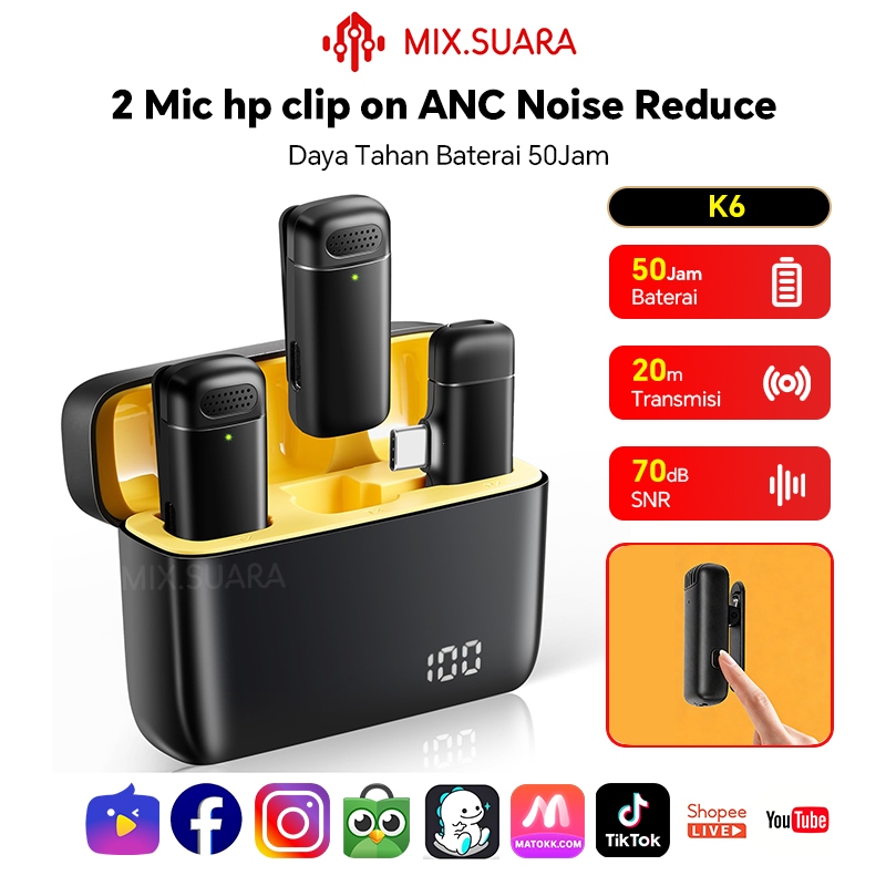 MIX.SUARA K6 Mic Wireless Clip On Dual Lavalier Mic HP AI Noise Cancel Plug & Play dengan Charging C