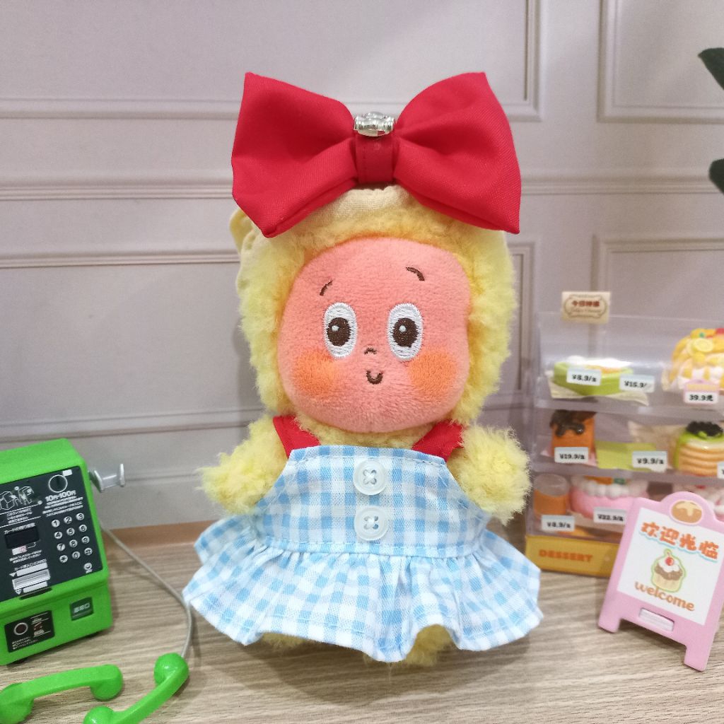 Baju boneka twinkle twinkle / labubu outfit dress kotak biru pita merah