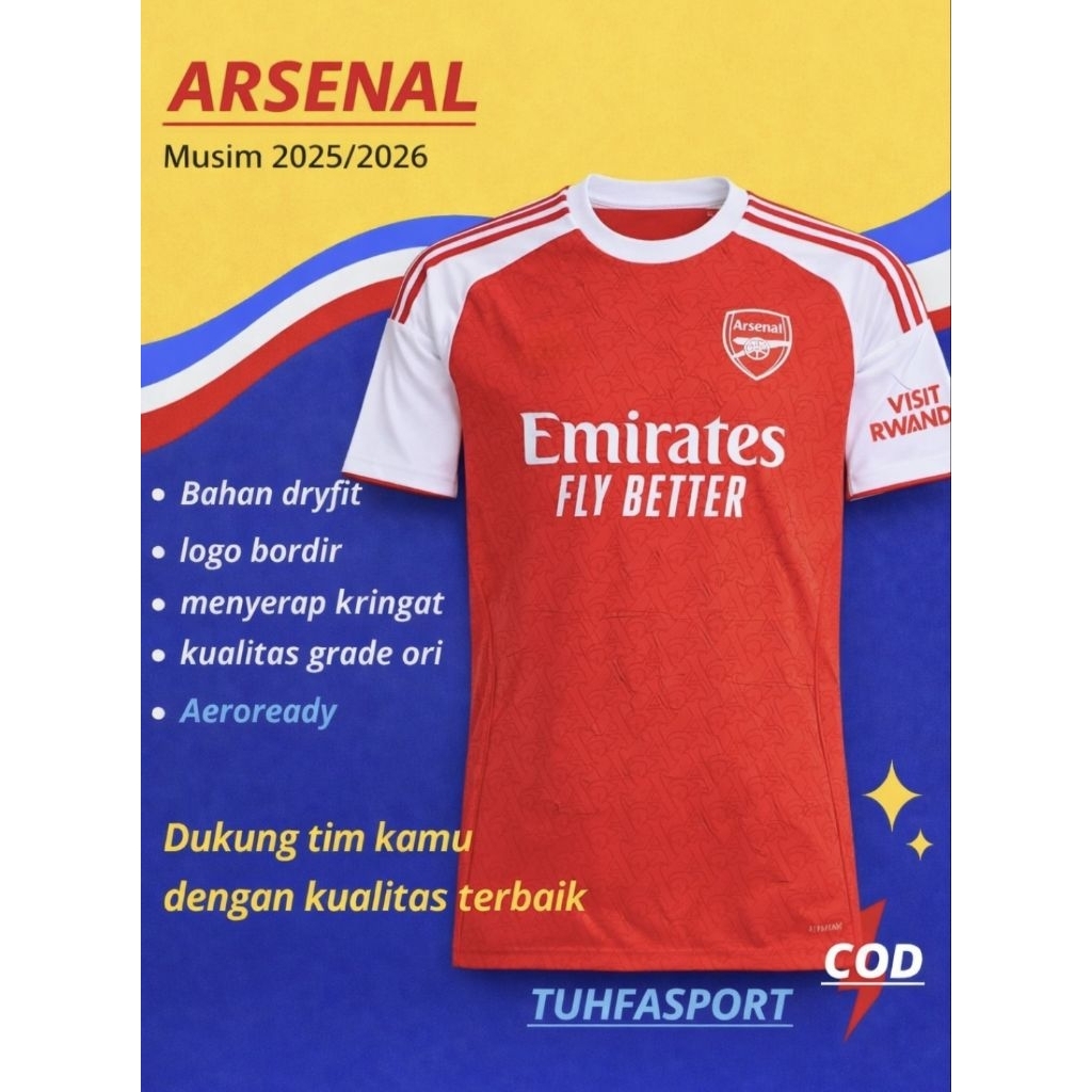Jersey bola arse_nal home away 3rd grade_ori  2025 2026 baju bola mu kaos bola arsenal home away 3rd