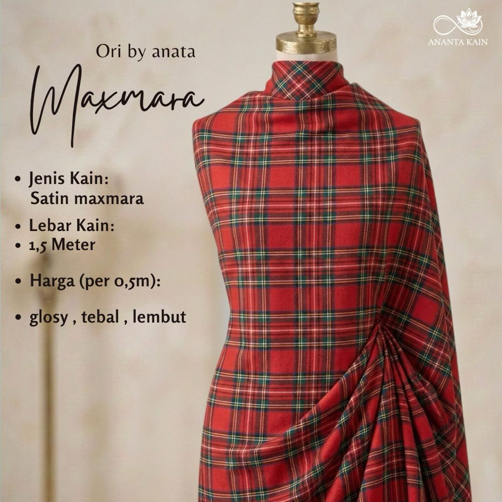 kain satin maxmara motif kotak kotak tartan tebal - bahan gamis maxmara silk
