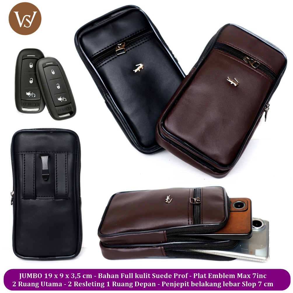 Dompet HP Pria 2 HP 3 Ruang Resleting Ganda Jumbo Tas Pinggang Kulit Premium Elegan
