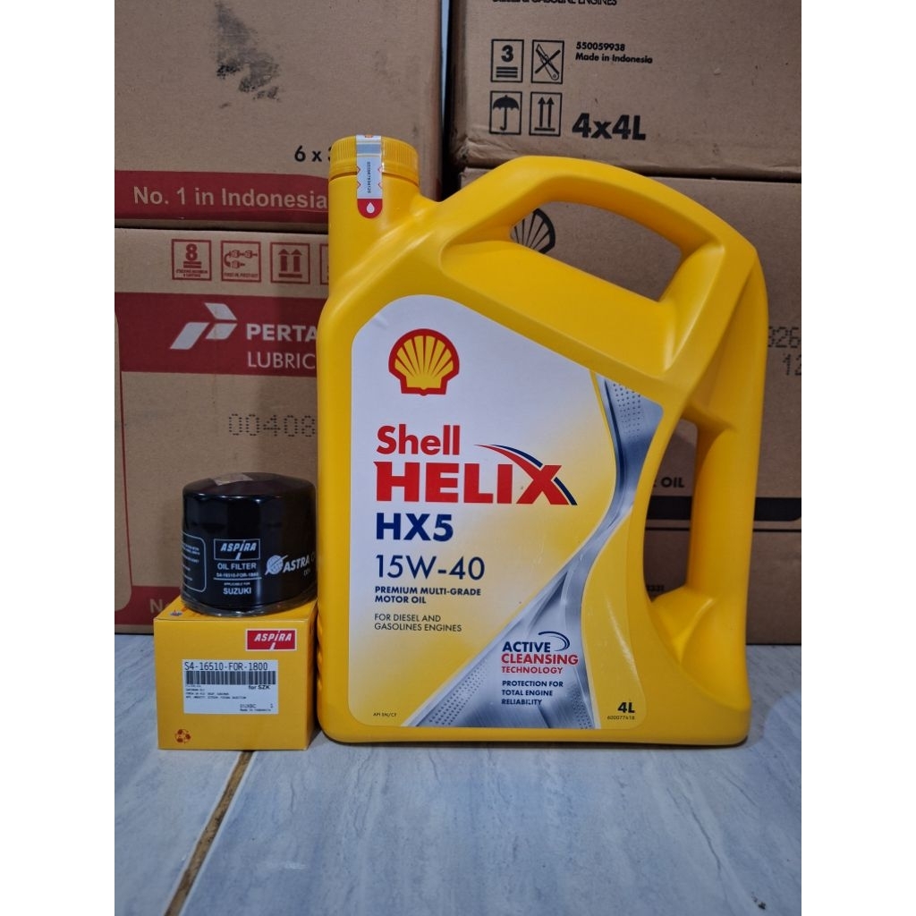 paket oli Shell HX5 15W-40 4 Liter dan filter oli mobil SUZUKI Karimun, spresso, ertiga, XL7, carry,