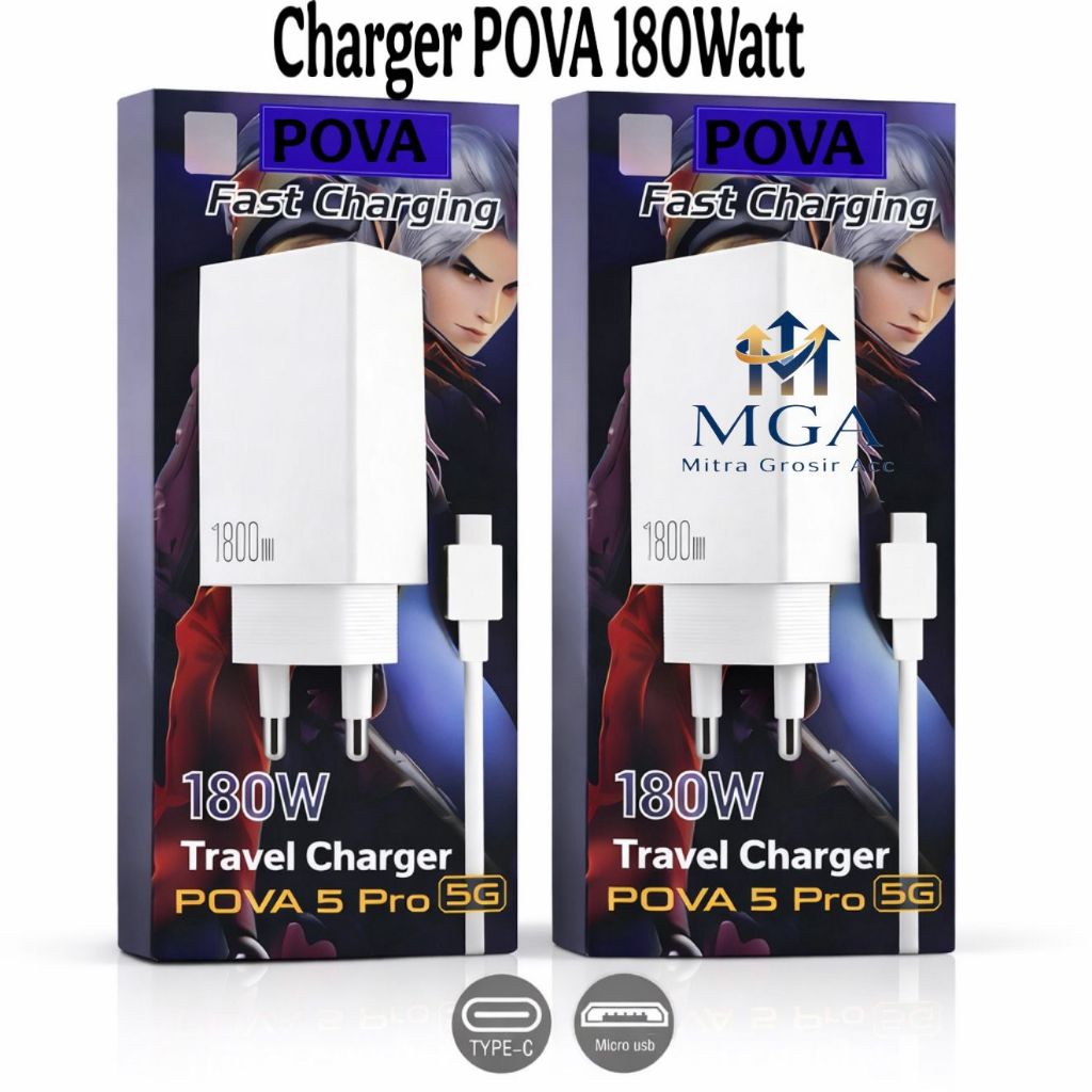 MGA - Charger Tecno Pova 5Pro 5G 180W Micro|Type C Fast Charging
