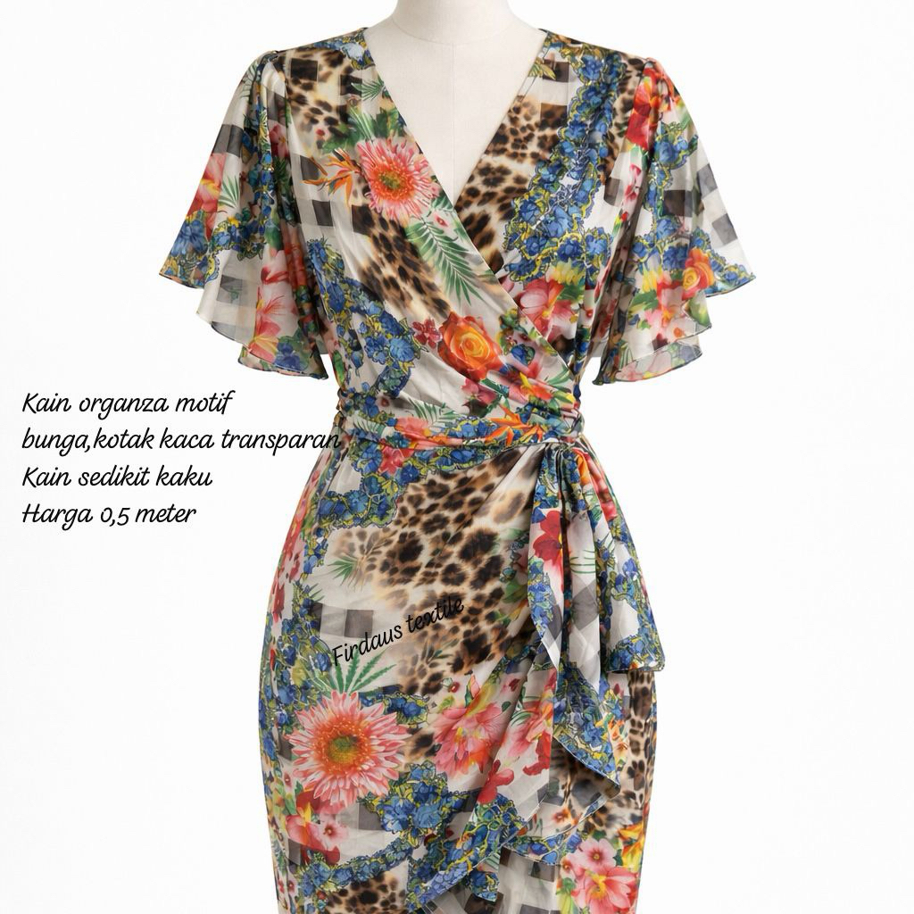 Kain Organza / organdi  motif  bunga dengan kotak  kaca transparan - kain sedikit kaku- kebaya