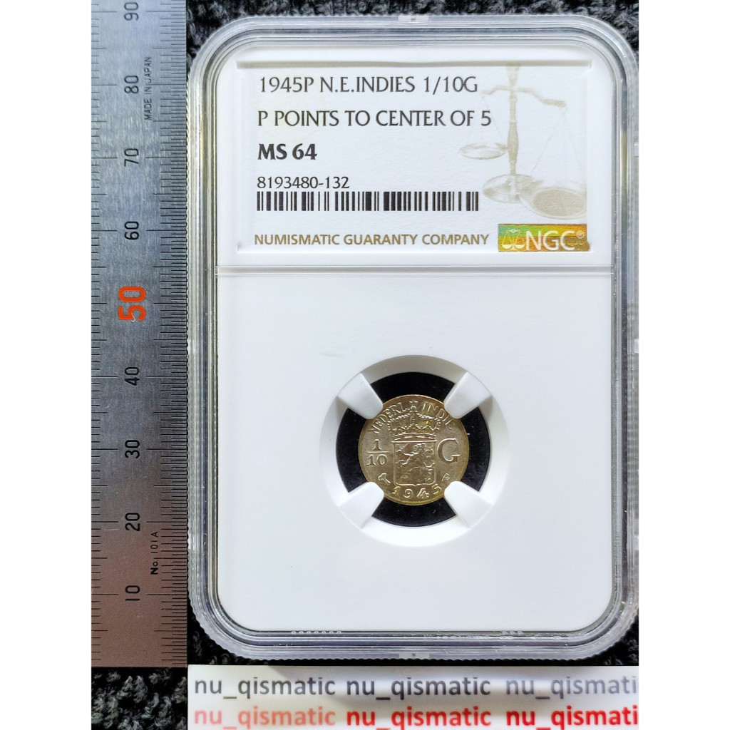 1945P Koin Coin Netherlands East Indies 1/10 Gulden Silver/Perak NGC MS 64 KM# 318