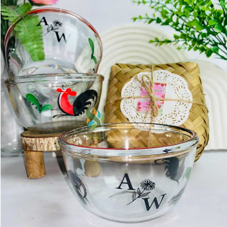 Souvenir Mangkok Kaca BIB5B Ayam Jago Bening Bowl Saji Sop Motif Ayam Mangkuk Beling Sablon