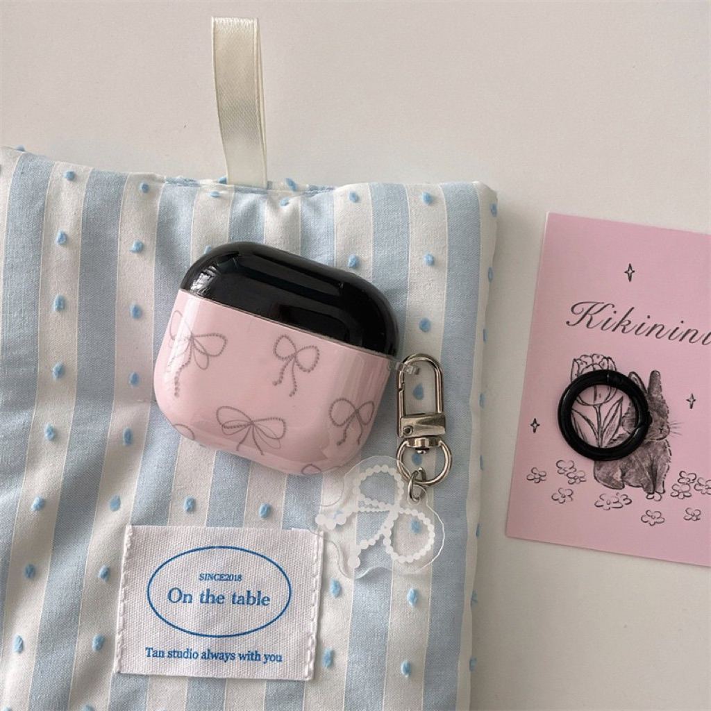 AirPods Case Coquette Pink Black Ribbon Cute Korean Style + Ring AirPods 1/2/3/Pro