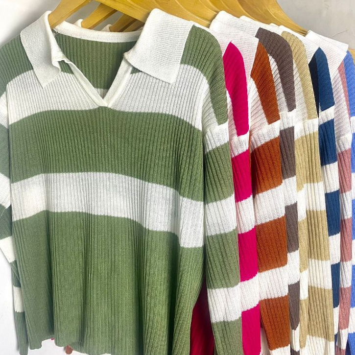 Atasan Rajut Wanita Polo Kerah Strip Panjang / atasan rajut lengan panjang wanita / Rajut wanita