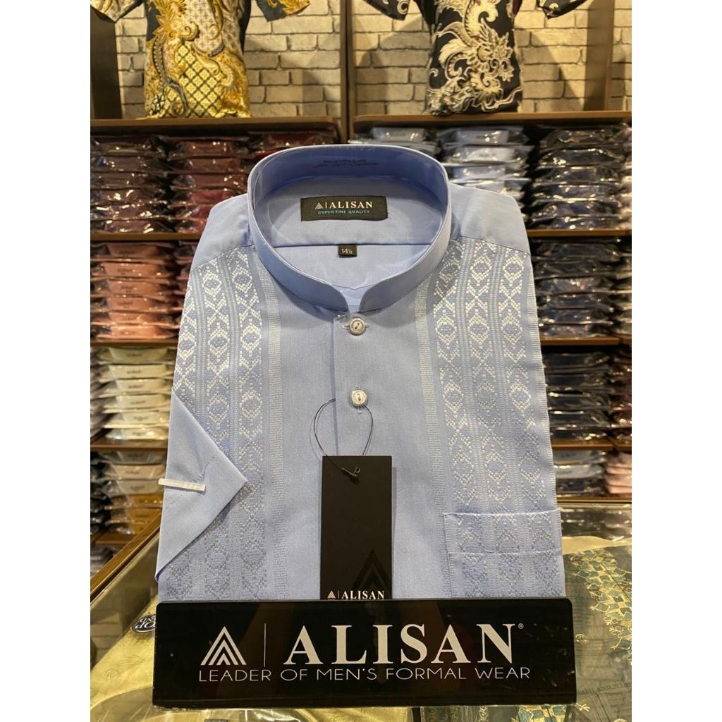 Alisan Koko Bordir Biru Lengan Pendek Reguler