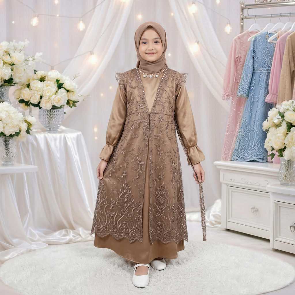 Gamis Anak Perempuan 3-11 Tahun//Gamis Anak Mewah Satin Brukat Mutiara