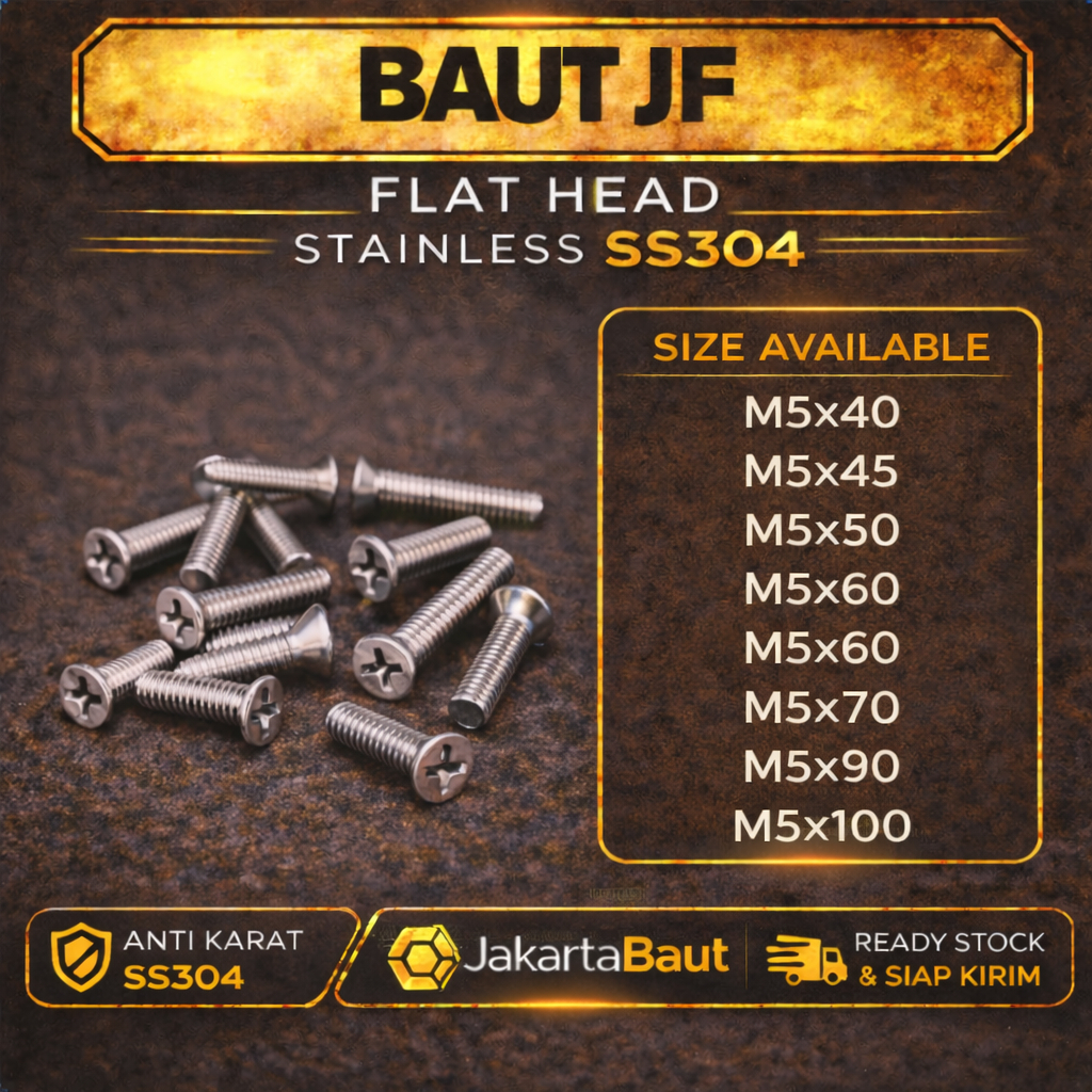 Baut JF M5X100 Machine Screw M5 X 100 Flat Head 5X100 Baut Obeng + Kepala Rata Stainless SS304