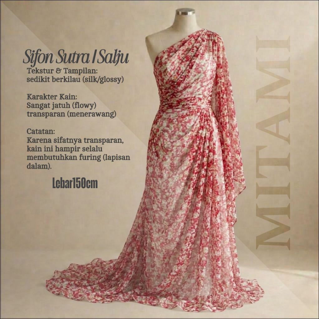 MITAMI Kain Sifon Sutra Premium Motif Bunga Mawar Merah Pink | Bahan Gamis Dress Hijab Adem Halus Me
