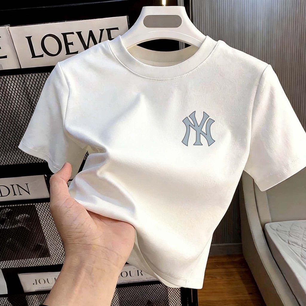 Peach Fashion Kaos Crop Top Korean Style Desain Logo NY Minimalis T-Shirt Crop Top Lengan Pendek Kao